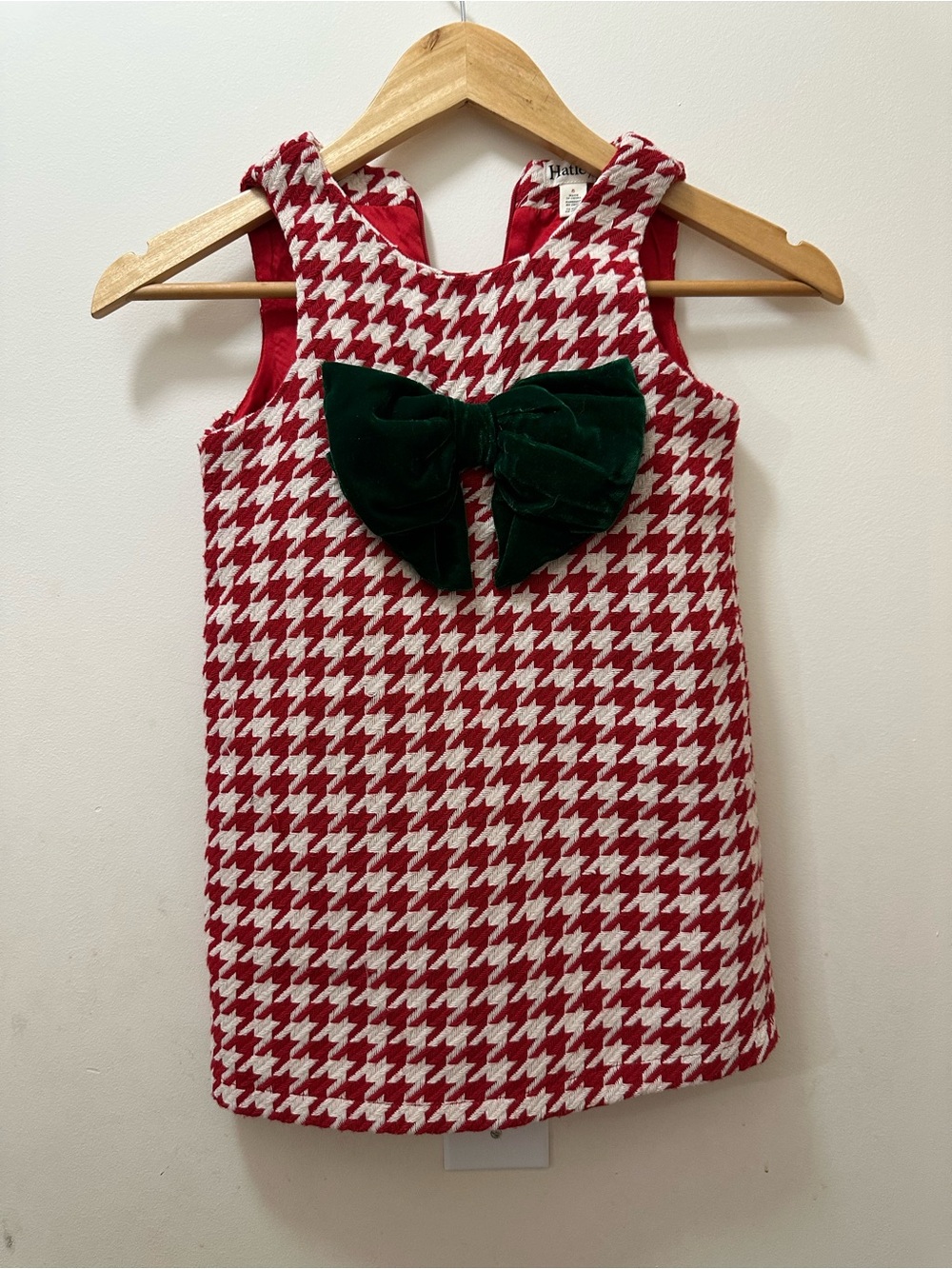 Holiday Red and White Houndstooth Dress with Green Velvet Bow -